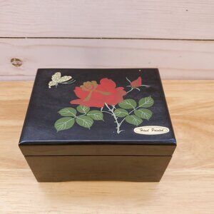 VTG Hand Painted Black Wooden Music Jewelry Box Rose Butterfly Plays Edelweiss